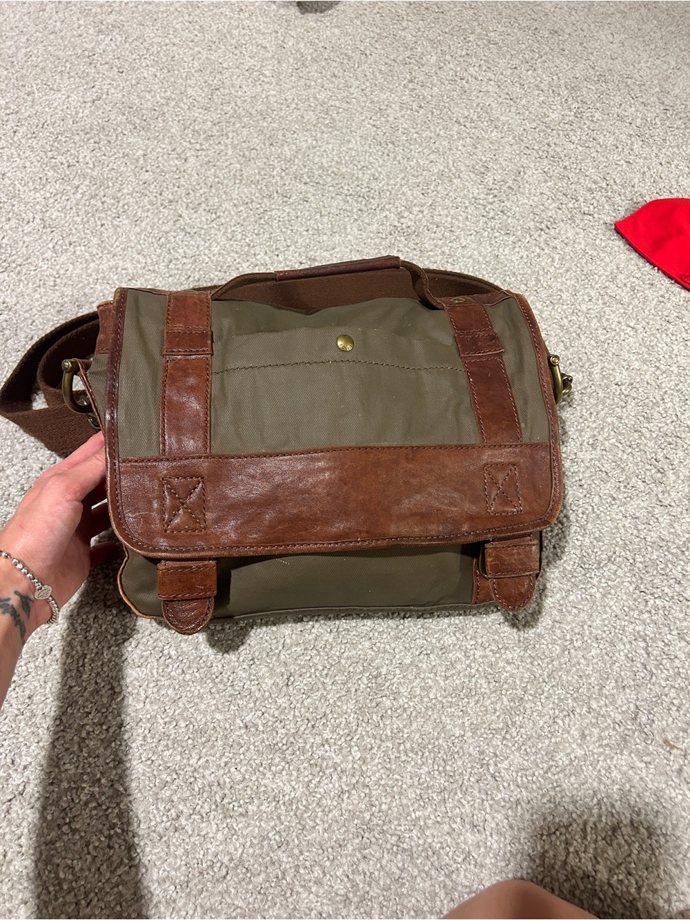 Men's Olive Green Canvas and Brown Leather Messenger Bag Fossil